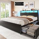 Rolanstar Queen Bed Frame with 4 Storage Drawers, Charging Station and LED Lights, Metal Platform Bed with 2-Tier Storage Headboard, No Box Spring Needed, Easy Assembly, Noise-Free, Black