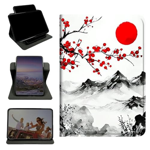 RWUTYTIUL Case for Amazon Kindle Fire HD 10 (9th/7th/5th Generation, 2019/2017/2015 Releases) 10.1", 360 Degree Rotating Stand with Multi-Angle Vertical Shell for Women Men, Sunset Plum Blossom