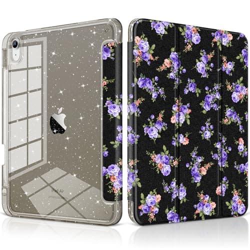 MEEgoodo for iPad Air 11 inch Case M4 2026/M3 2025/M2 2024, Case for iPad Air 5th/4th Gen 2022/2020, Glitter Tablet Cover with Clear Acrylic+Pencil Holder+Auto Wake/Sleep,Blue Rose