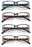 V.W.E. 4 Pairs of Women Rectangular Rhinestones Reading Glasses - Fashion Leopard Clear Lens Readers Demi Tortoise (4 Assorted, 1.75)