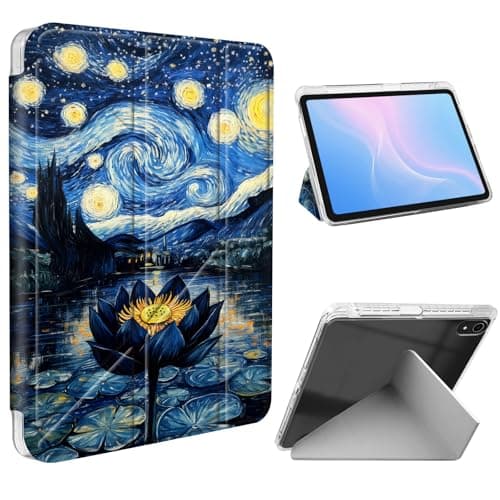 ETLKJVBL for iPad A16 Case, Slim Clear Cover with Pencil Holder, Multi-Angle Y-Stand, Auto Sleep/Wake, Starry Night - Inspired Lotus on Water Lightweight Tablet Case