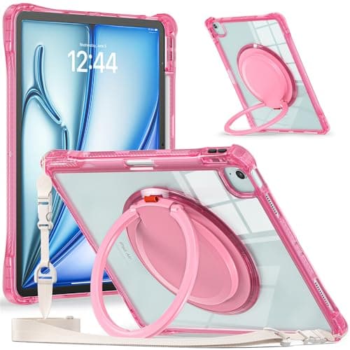 LJcase for iPad Air 13-inch M2 (2024 Release) Case,Shockproof Hard Duty Clear Case with 360 Rotating Hand Strap&Stand+Shoulder Strap for 13 inch iPad Air (2024 Version) (Pink)