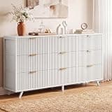 DUMOS Fluted Dresser, Modern Chest of 9 Drawers for Bedroom, Large Fabric Dressers with Metal Frame & Wooden Top, Storage Organizer Closet for Living Room, Entryway, White