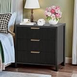 HOCAT Fluted Nightstand, 23.7'' Wide Night Stand with 3 Drawers, Mid-Century Modern Bedside Table with Handles, Wood End Table for Bedroom, Black