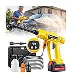 BluSwim Cordless Car Cleaning Tool with LCD Display, Portable Vehicle Cleaner with Brushless Motor, 3 Levels Adjustable Battery Powered Water Sprayer with 16.5FT Hose, 6-in-1 Nozzle for Patio - Yellow