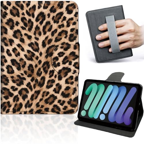 Case for iPad mini 7 (A17 Pro) 2024/ Mini 6 8.3'', 360 Rotating Stand Tablet Cover with Hand Strap, Auto Wake Sleep, Slim Protective PU Leather Case, Classic Leopard Fur Print