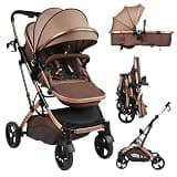 Baby Stroller, 2 in 1 Convertible Bassinet Mode Newborn to Toddler | Reversible Seat UPF Canopy, Shock Absorption Infant Stroller with Five-Point Harness, for Daily Strolls Travel Shopping (Khaki)