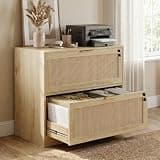 HOPUBUY 2 Drawer File Cabinet with Lock, Printer Stand Lateral Filing Cabinets for Home Office and School, Wood Rattan File Cabinet for Hanging Files/Letter/Legal/A4/F4 Size, Natural Wood