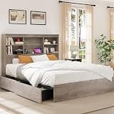 GarveeHome Queen Size Bed Frame with High Storage Bookcase Headboard, Wood Bed Frame with 4 Storage Drawers, Built in Charging Station, No Box Spring Needed, Metal Frame, Noise-Free, Grey
