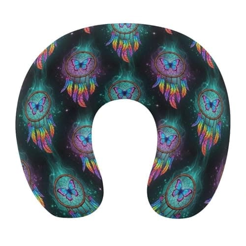 Deluxe Memory Foam U-Shaped Neck Pillow Travel, Dream Catcher Native American Gypsy Butterfly Indian Hippie Feather U-Shape, Removable Cover Home Office Support