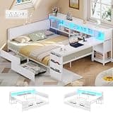 BYSAUD Full Corner Bed with Desk and 6 Storage Bookcase, Corner Bed Frame Full with 4 Drawers & Upholstered Headboard, Full Size Daybed with LED Lights & Charging Station, White