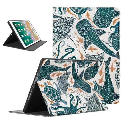 Mrtponk Aesthetic Summer Whale Shark Sea Turtle Tablet Case for iPad 6th/5th Gen 2018/2017 9.7", Summer Beach Stingray Octopus Pattern Cover for Girls Boy, Soft TPU Protective PU Flip Holder Cases