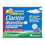 Claritin Children's Allergy Medicine, 24-Hour Non-Drowsy Loratadine 5mg Chewable Tablet, Antihistamine for Kids Ages 2 Years and Older, Grape Flavored, Dye-free, 40 Tablets