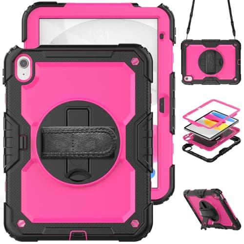 KYJX for iPad (A16) 11th /10th Generation 11/10.9 inch 2025/2022 Case, 360 Rotating Shockproof Cover with Stand, Screen Protector, Shoulder Strap, Rose PC
