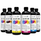 UV DTF Ink 500ml x 6 – Fast-Curing Direct to Film Ink for Glass Cup Wrap & Decals, for Ep XP600 i3200 TX800 L805 DX5 Printheads, for UV-DTF A/B Film Transfer Sticker Printer (CMYK+WH+Gloss Varnish)