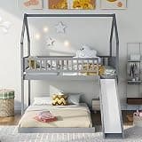 FUvellamo Twin Over Full House Shaped Bunk Bed with Slide, Wood Low Bunk Bed with Built-in Ladder and Full-Length Guardrail, Gray