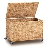 Wonderjune 30 x 17.7 x 17.7 Inch Rolling Wicker Storage Basket with Lid and Locking Wheels, Water Hyacinth Storage Trunk Heavy Duty Metal Frame Woven Blanket for Seasonal Clothes Laundry Room Bedroom