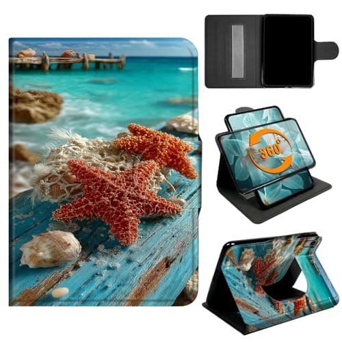 360° Rotating Case for iPad A16 11th Generation 11 Inch 2025 & iPad 10th Generation 2022 with Hand Strap & Magnetic Clasp, PU Leather Stand Cover, Auto Wake/Sleep, Starfish Beach