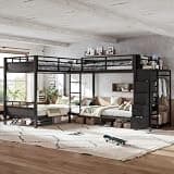 Bellemave Twin Quad Bunk Bed with 5 Non-Woven Drawers, Wardrobe & Storage Shelves, Metal Quad Bunk Beds Frame with Guardrails & Ladders for 4 Kids Teens, Black