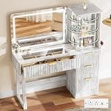 FAMIDOLE Womens Vanity with Mirror and Led Lights - 47.3" Glass Top Makeup Vanitys with 360° Rotating Storage Shelf and 4 Drawers, Vintage Vanities with Power Outlet& Holder for Bedroom