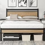 Easy Install 16 Inch Queen Size Bed Frame,Metal Platform Bed Frame with Wooden Headboard and Footboard,Mattress Foundation,Large Under Bed Storage,No Box Spring Needed,Non-Slip Without Noise,Walnut