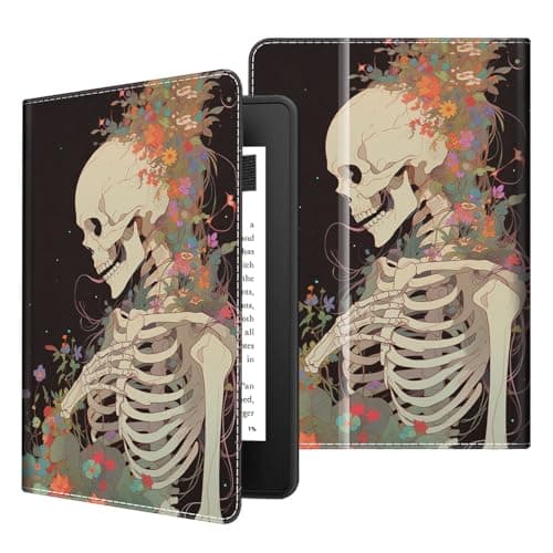Case for 7" All-New Kindle Paperwhite 12th Gen 2024 & Kindle Colorsoft Signature Edition (2024 Release), PU Leather Folio Cover with Auto Wake/Sleep ,Skeleton with Flower Skull