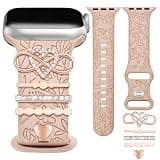 Floral Engraved Band Compatible with Apple Watch 42mm 40mm 41mm 38mm Women, Soft Silicone Dressy Straps Decorative with Charms for iWatch Series 11 10 9 8 7 6 5 4 3 2 1 SE