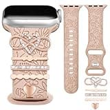 Floral Engraved Band Compatible with Apple Watch 42mm 40mm 41mm 38mm Women, Soft Silicone Dressy Straps Decorative with Charms for iWatch Series 11 10 9 8 7 6 5 4 3 2 1 SE