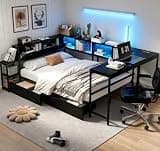 Bellemave Queen Corner Bed Frame with Desk and Storage, Queen Size cornner Bed with Charging Station and LED Light, Wood Daybeds with L-Shaped Bookcase and 2 Drawers, Black