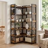 GTPLAYER 6-Tier Corner Bookshelf, L-Shaped Metal Frame Shelf with Tall 14" Shelves, Plant Stand and Storage Rack for Small Spaces, Living Room and Home Office, Brown
