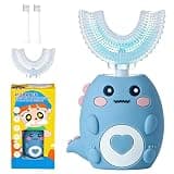 KEGOZ Kids Electric U Shaped Toothbrush for Ages 2-6, Sonic 360º Cleaning Toothbrush with 4 Brush Heads, 3 Modes, 50s Timer, IPX7 Waterproof, Cartoon Dinosaur Design, Gift for Boys & Girls (Blue)