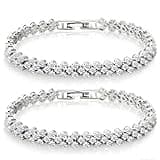 GlamSavvyFZ 2-Pack Silver Rhinestone Tennis Bracelets for Women, Vintage Couples Hollow Wavy Design Bangles with Secure Clasp, Elegant Jewelry for Wedding, Party, Evening Wear