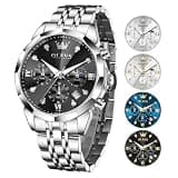 OLEVS Stainless Steel Watch for Men Silver Bracelet Black Face Multi-Functional Chronograph Watch with Moon Phase, 30M Waterproof Mens Dress Watch