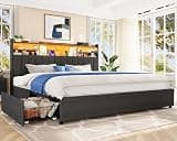 TEENFON King Size Bed Frame with Headboard and 4 Drawers Storage, Bed Frame King Built in LED Lights and Charging Station, Sturdy & Noise-Free Upholstered Platform Metal Bed, Dark Grey