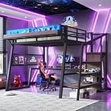 Full Loft Bed with Desk, Storage Shelves & Wardrobe for Teens Adults, Gaming Loft Bed Full with LED Lights, USB Ports & Pegboard, Metal Loftbed Frame for Bedroom Dormitory, Apartment, Black+Natural