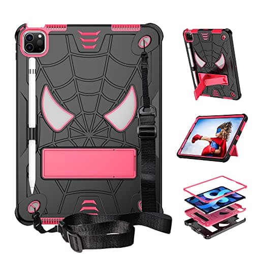 OWSIHNZBF Tablet Children's Case For iPad Air 4 2020 /iPad Air5 10.9/iPad Pro 11 2018/2020/2021,Protective Cover Shockproof and Resistant with Built-in Holder+Shoulder Strap(Black+rosered)