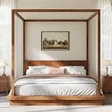Merax King Size Floor Canopy Bed with Solid Wood Headboard and Base for Adults, Wooden Canopy Platform Bed with 4 Wood Poster for Bedroom or Guestroom, No Box Spring Needed, Brown