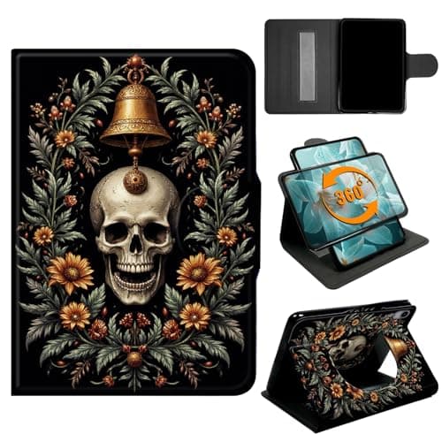 360° Rotating Case for iPad A16 11th Generation 11 Inch 2025 & iPad 10th Generation 2022 with Hand Strap & Magnetic Clasp, PU Leather Stand Cover, Auto Wake/Sleep, Skull Bell