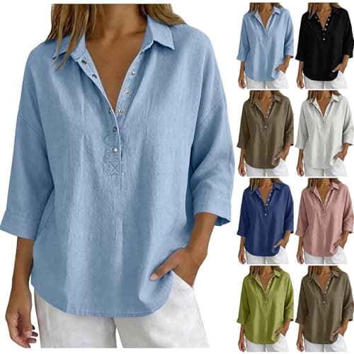 3/4 Sleeve Tops for Women Linen Tops for Women Trendy Summer 3/4 Sleeve Cotton Shirts Button Henley Neck Tunic Blouses Gauze Top Casual Beach Clothes Light Blue M