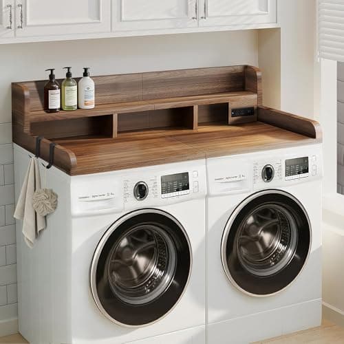 54" W x 27.5" D 2-Tier Washer Dryer Countertop With 4-In-1 Power Outlet & Non-Slip Pads Over Washer And Dryer Topper With Hooks & Shelf For Folding Clothes & Storage Laundry Room Organizer Walnut