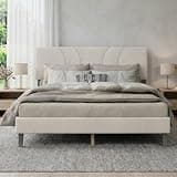 YULAFROMGD Full Size Bed Frame with Upholstered Headboard and Wooden Slats Support, No Box Spring Needed, Easy Assembly, Noise Free, Beige