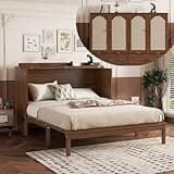 Fefunivita Walnut Queen Murphy Bed Pine Wood, Murphy Bed Cabinet with Charging Station & Storage Drawer, Space-Saving Foldable Wall Bed for Bedroom, Apartment, Dorm Adults