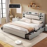 LUXOAK Full Bed Frame with 3-Tier Storage/Bookcase Headboard, Upholstered Platform Bed with 4 Storage Drawers & Charging Station, No Noise/Metal Slats Support/No Box Spring Needed, Rustic Grey