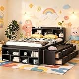 PVWIIK Full Size Platform Bed with Bookcase Headboard,Under Bed Storage Drawers and Bed End Storage Case for Bedroom, Guest Room,Multifunctional Bedframe,Espresso