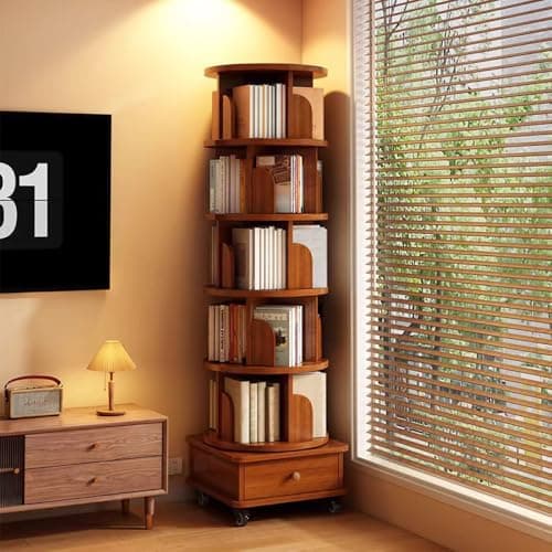 Rotating Bookshelf, 360 Degree Display 5 Tier Corner Bookshelf with Drawer for Small Space, Bedroom, Living Room (Walnut Brown + MDF)