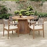 Patio Set Acacia Wood Furniture - Braided Dining Chairs with Cushion and Dining Table for Outdoor Use (Teak Look & Beige Rope)