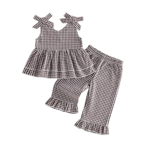 Pergag Baby Girls Summer Outfit Doll Collar Sleeveless Vest Tops Plaid Print Elastic Waist Pants Set Toddler Spring Clothes (Bow-Coffee, 12-18 Months)