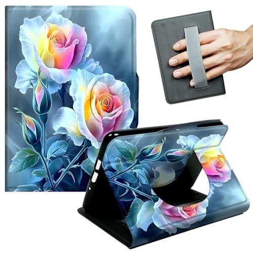 JANENFNA Case for Kindle Scribe (10.2", 1st Gen, 2022/2024 Release) - Slim Smart Cover with Hand Strap & Auto Wake/Sleep, Rainbow Roses