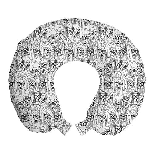 Ambesonne Dog Travel Pillow Neck Rest, Monochrome Trace Sketch Pugs Bulldog Terrier with Glasses and Hats Hipster Attire, Memory Foam Traveling Accessory for Airplane and Car, 12", Black White