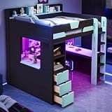 Merax Full Size Wooden Gaming Loft Bed with U-Shaped Desk, Smart RGB LED Lights & USB Ports, Multi-Functional High Sleeper with 3 Drawers & Storage Shelves for Apartment